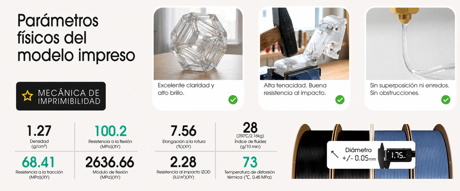 Parámetros físicos del filamento eSUN PETG Basic Negro, Azul y Transparente de Smartec Store para impresión 3D precisa y resistente