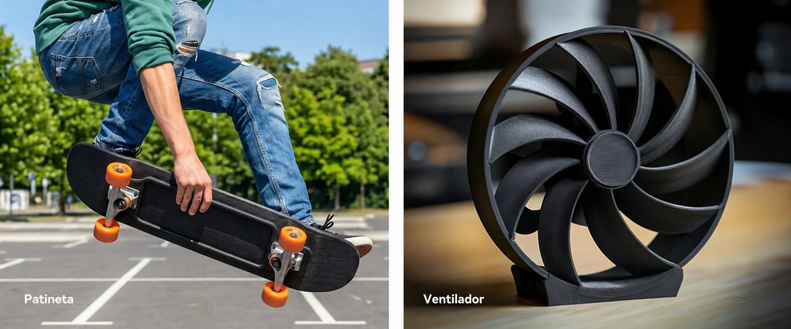 Aplicaciones de SUNLU PETG Fibra de Carbono de Smartec Store en patineta y ventilador impresos en 3D