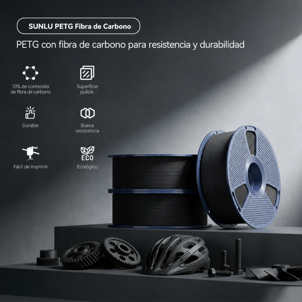 Rollo SUNLU PETG Fibra de Carbono de Smartec Store con 10% de fibra de carbono para piezas resistentes en impresión 3D
