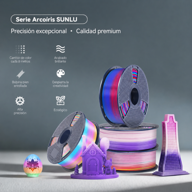 Filamento SUNLU PLA Arcoíris de Smartec Store, con transición multicolor, acabado brillante y piezas decorativas impresas en 3D