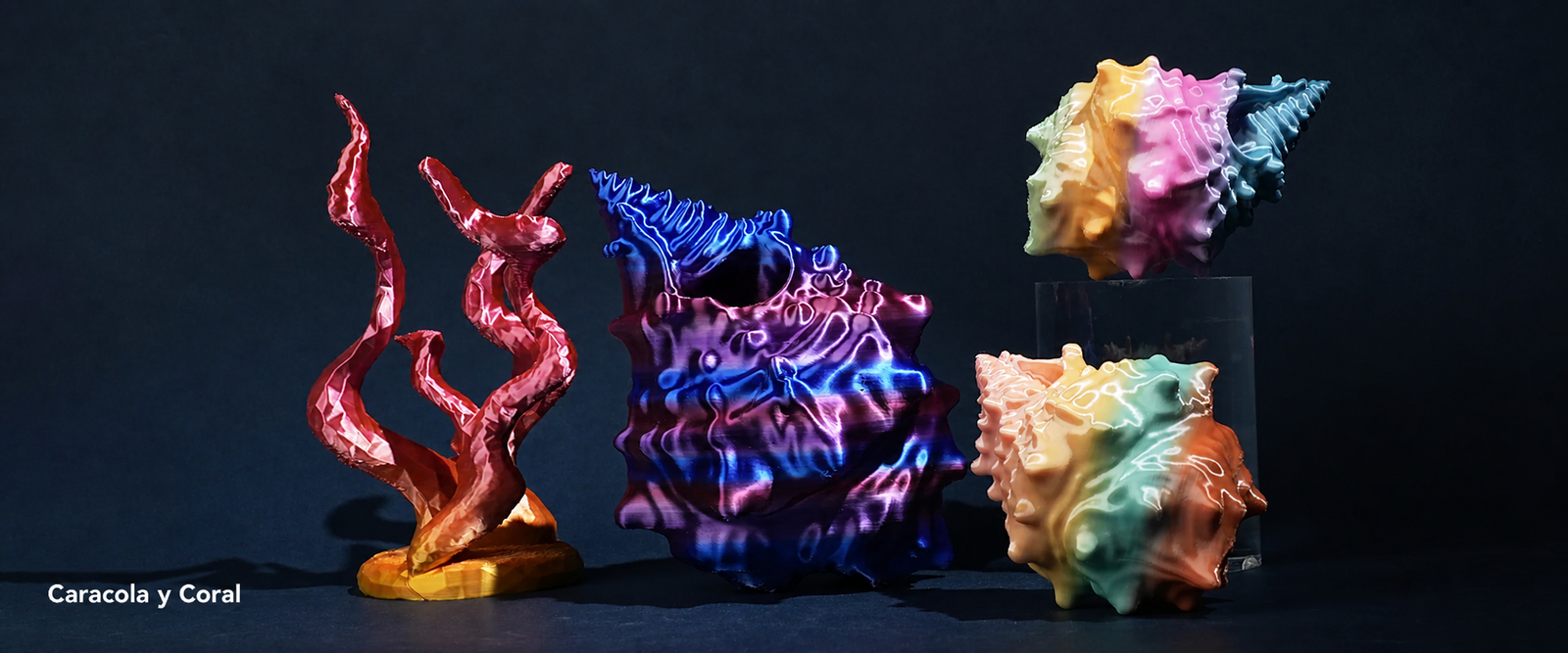 Caracola y coral impresos con filamento SUNLU PLA Arcoíris de Smartec Store, con transición multicolor y acabado brillante para impresión 3D