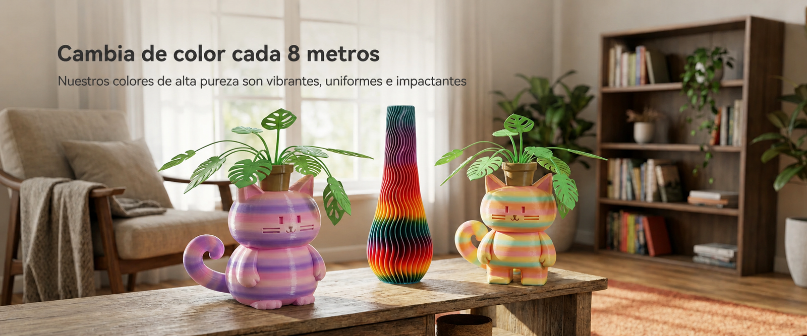 Jarrones decorativos impresos con filamento SUNLU PLA Arcoíris de Smartec Store, con cambio de color cada 8 metros y transición multicolor
