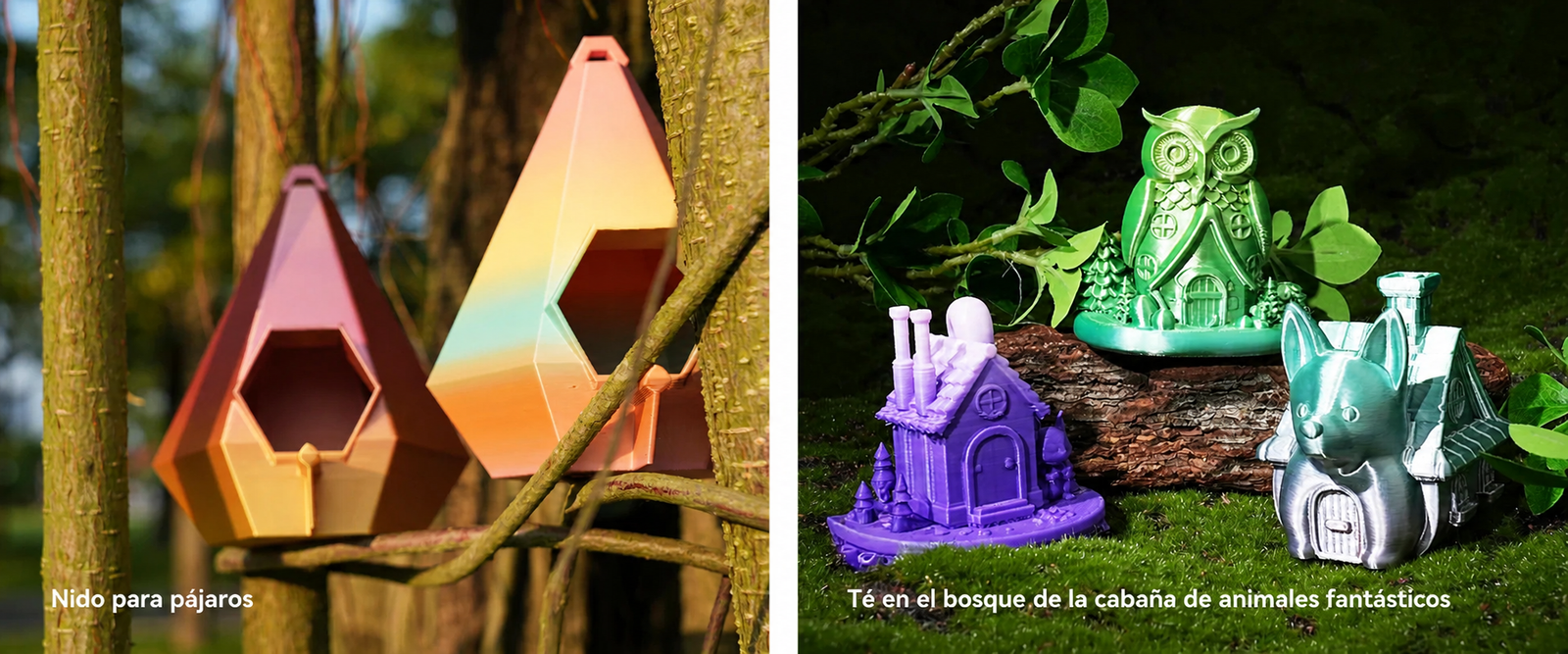 Nidos para pájaros y figuras fantásticas impresas con filamento SUNLU PLA Arcoíris de Smartec Store, con transiciones multicolor y acabado decorativo