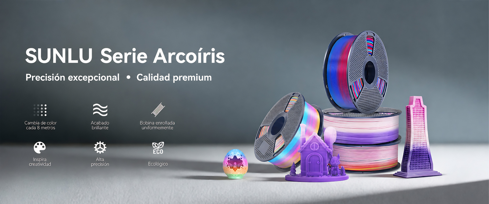 Filamento SUNLU PLA Arcoíris de Smartec Store, con transición multicolor, acabado brillante y piezas decorativas impresas en 3D