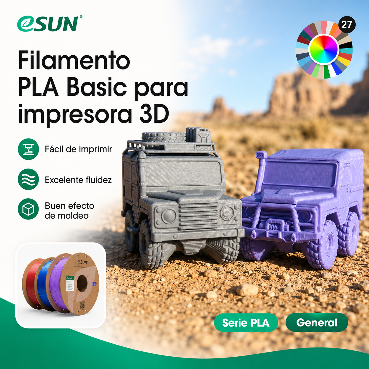 Filamento eSUN PLA Basic Varios Colores de Smartec Store, fácil de imprimir y con excelente fluidez para modelos 3D de uso general