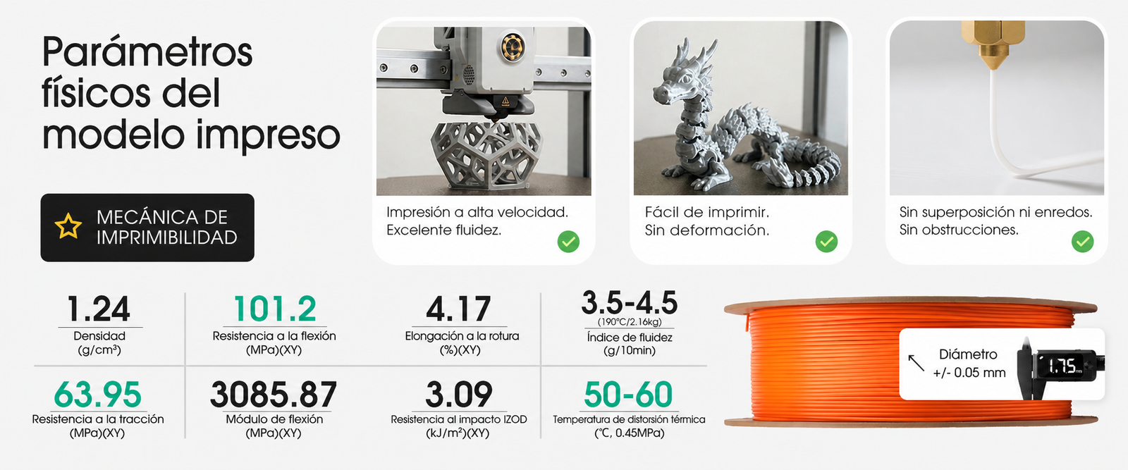 Parámetros físicos del filamento eSUN PLA Basic Naranja de Smartec Store, con datos de resistencia, densidad, fluidez y diámetro para impresión 3D