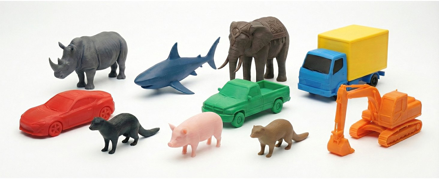 Muestras impresas en 3D con filamento eSUN PLA Basic en diferentes colores, incluyendo animales, vehículos y maquinaria