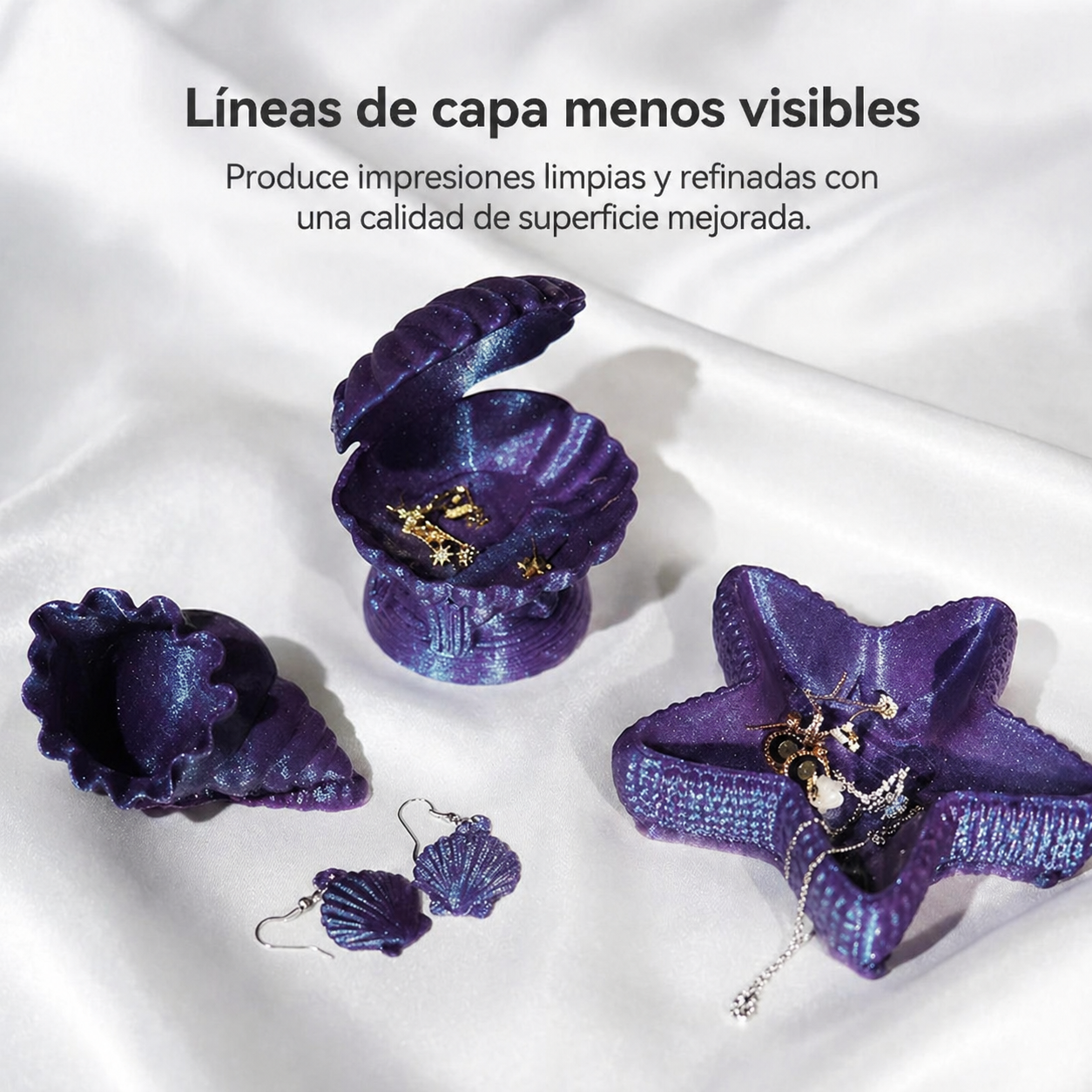Joyeros, aretes y accesorios impresos con filamento SUNLU PLA Galaxy Galaxia de Smartec Store, con líneas de capa menos visibles y acabado brillante