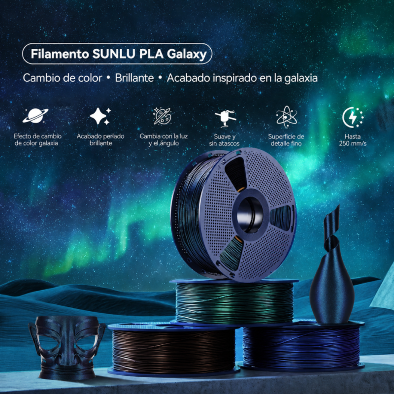Filamento SUNLU PLA Galaxy Galaxia de Smartec Store, con acabado perlado brillante, cambio de color y efecto inspirado en la galaxia