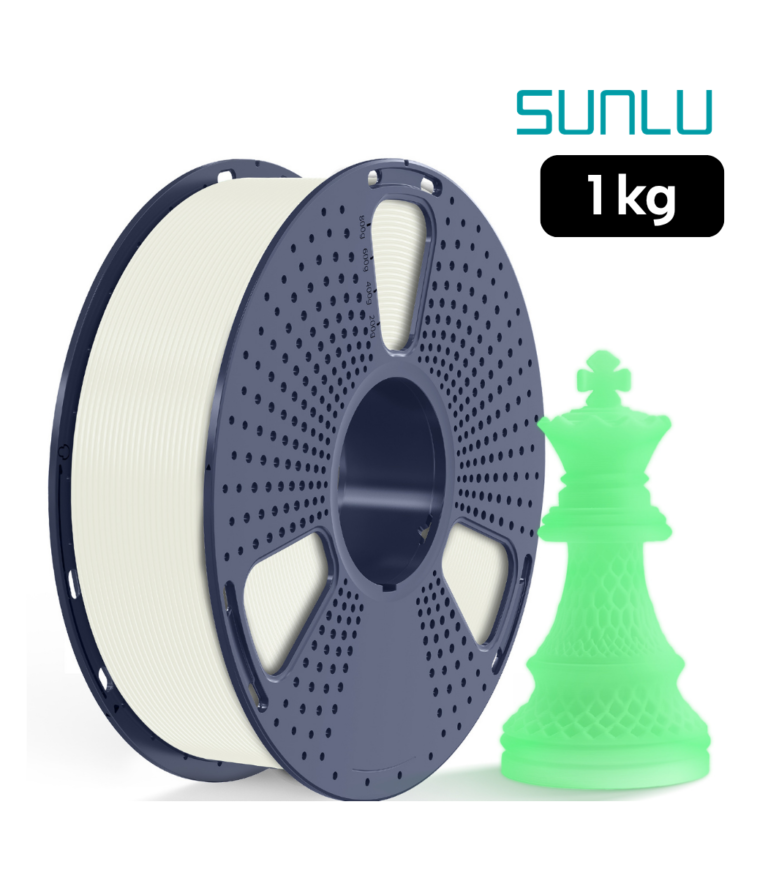 Filamento SUNLU PLA Glow in the Dark Blanco Brilla a Verde 1 kg de Smartec Store, con pieza de ajedrez que brilla en Verde para impresión 3D luminosa