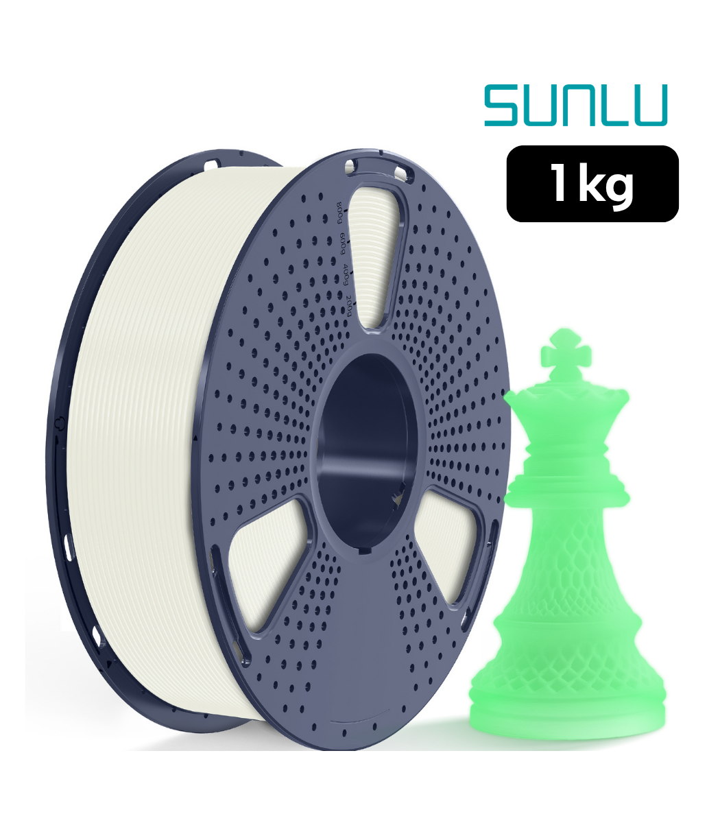 SUNLU PLA Glow in the Dark Blanco Brilla a Verde | Smartec Store Ecuador Filamento SUNLU PLA Glow in the Dark Blanco Brilla a Verde 1 kg de Smartec Store, con pieza de ajedrez que brilla en Verde para impresión 3D luminosa