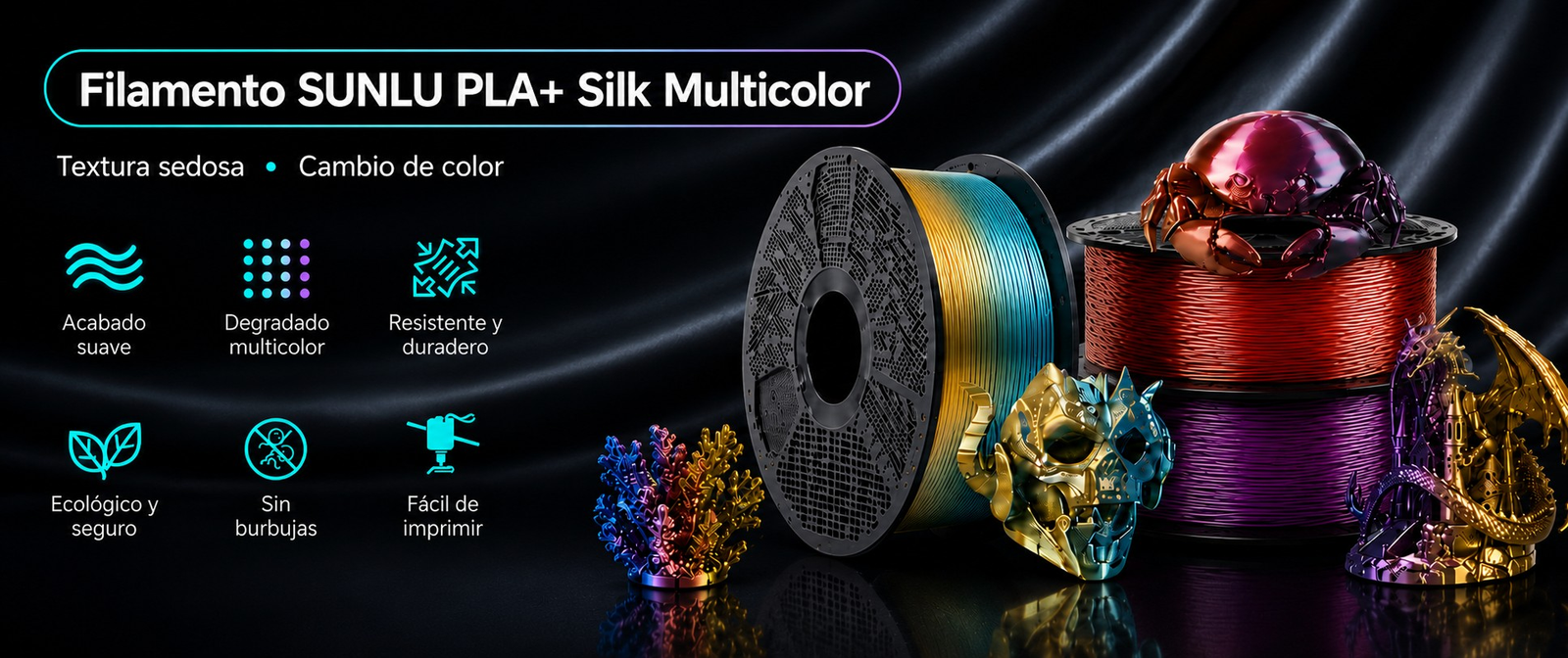 Filamento SUNLU PLA+ Silk Multicolor Varios Colores de Smartec Store con textura sedosa, cambio de color y acabado brillante para impresión 3D
