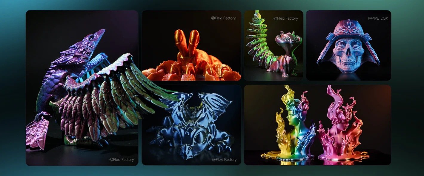 Figuras decorativas impresas con filamento SUNLU PLA+ Silk Multicolor de Smartec Store, con acabado brillante, efecto seda y múltiples combinaciones de color