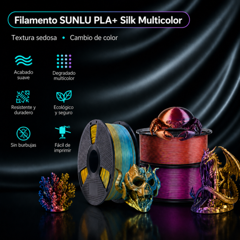 Filamento SUNLU PLA+ Silk Multicolor Varios Colores de Smartec Store con textura sedosa, cambio de color y acabado brillante para impresión 3D