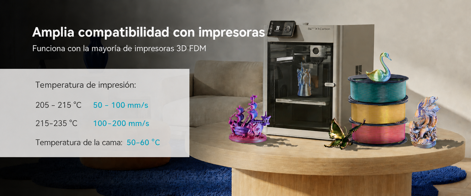 Filamento SUNLU PLA+ Silk Multicolor de Smartec Store compatible con impresoras 3D FDM, con parámetros recomendados de temperatura y velocidad
