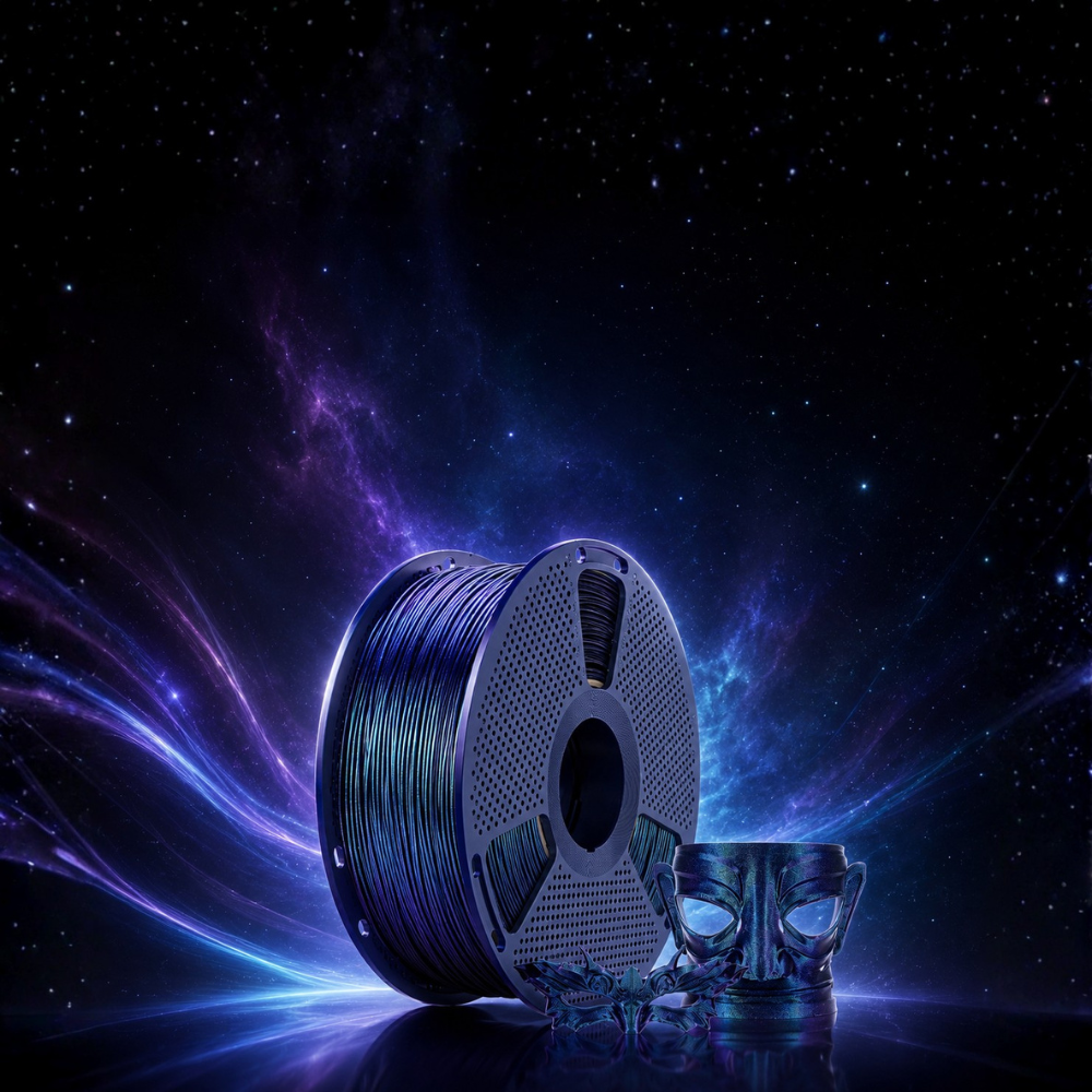 Filamento SUNLU PLA Galaxy Galaxia 1 kg de Smartec Store, con piezas impresas en 3D y fondo espacial de efecto galáctico