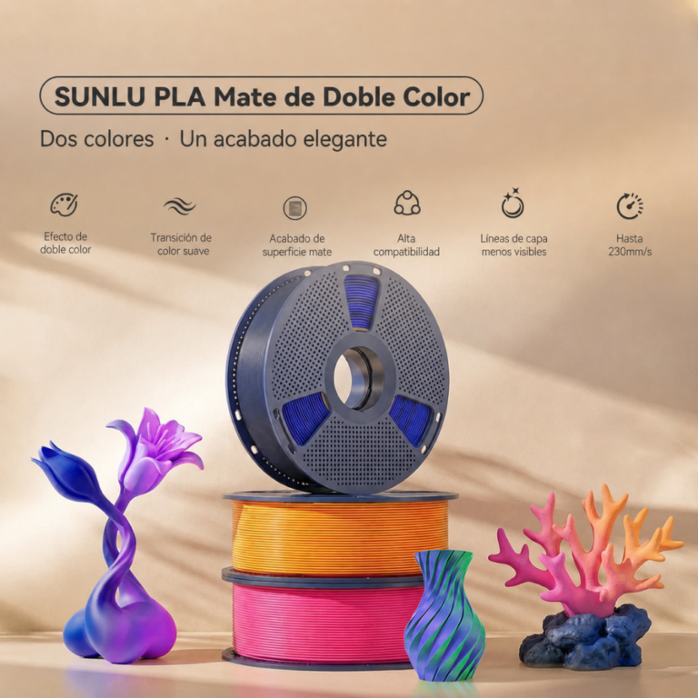 Filamento SUNLU PLA Mate Doble Color con acabado mate y transición natural de color