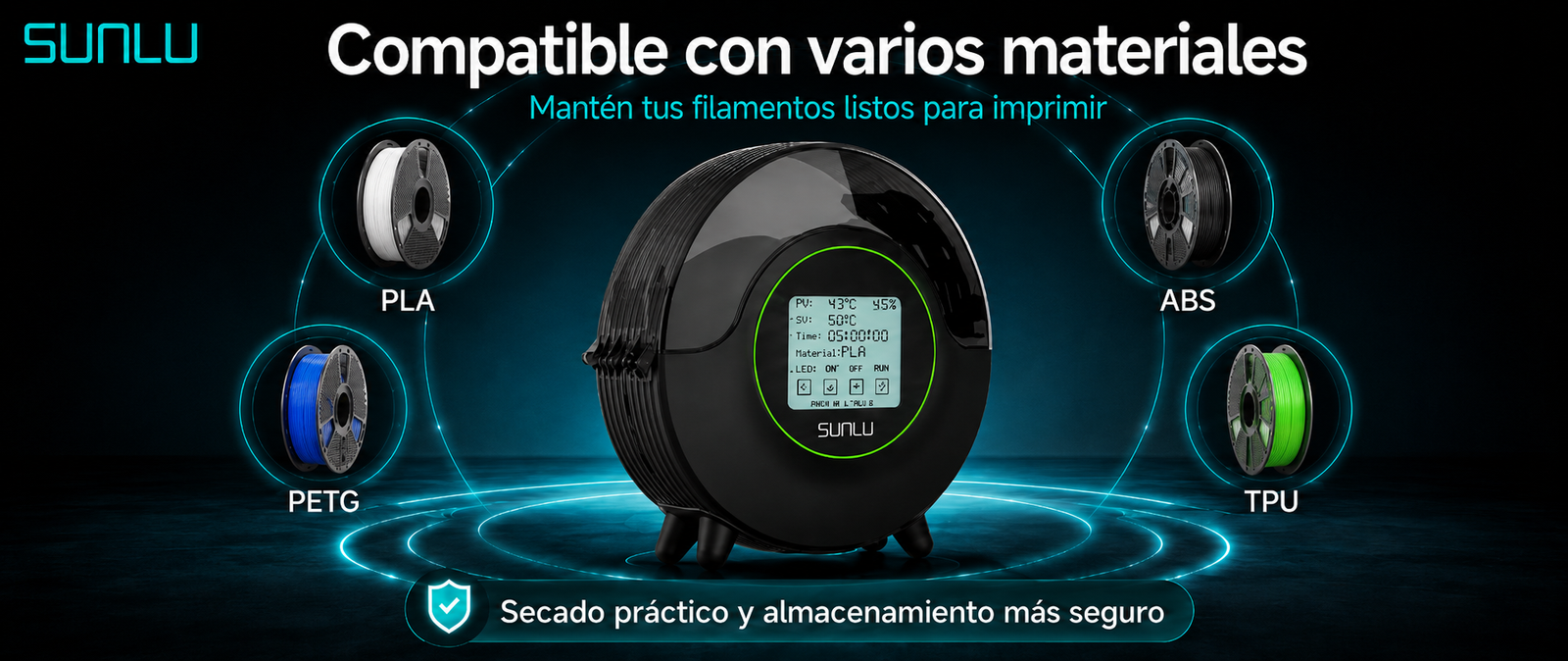 Secador de filamentos SUNLU S2 compatible con PLA, PETG, ABS y TPU, diseñado para secar y almacenar filamentos de impresión 3D