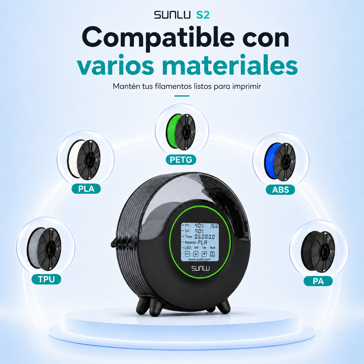 Secador de filamentos SUNLU S2 compatible con PLA, PETG, ABS y TPU, diseñado para secar y almacenar filamentos de impresión 3D