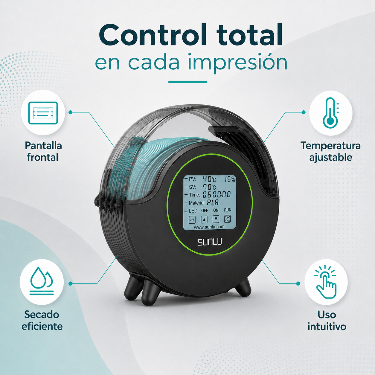 Secador de filamentos SUNLU S2 con pantalla frontal, temperatura ajustable, secado eficiente y uso intuitivo para impresión 3D