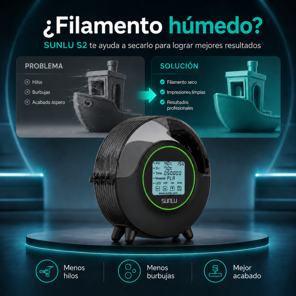 Comparación entre filamento húmedo y filamento seco usando el secador SUNLU S2 de Smartec Store, mostrando menos hilos, menos burbujas y mejor acabado
