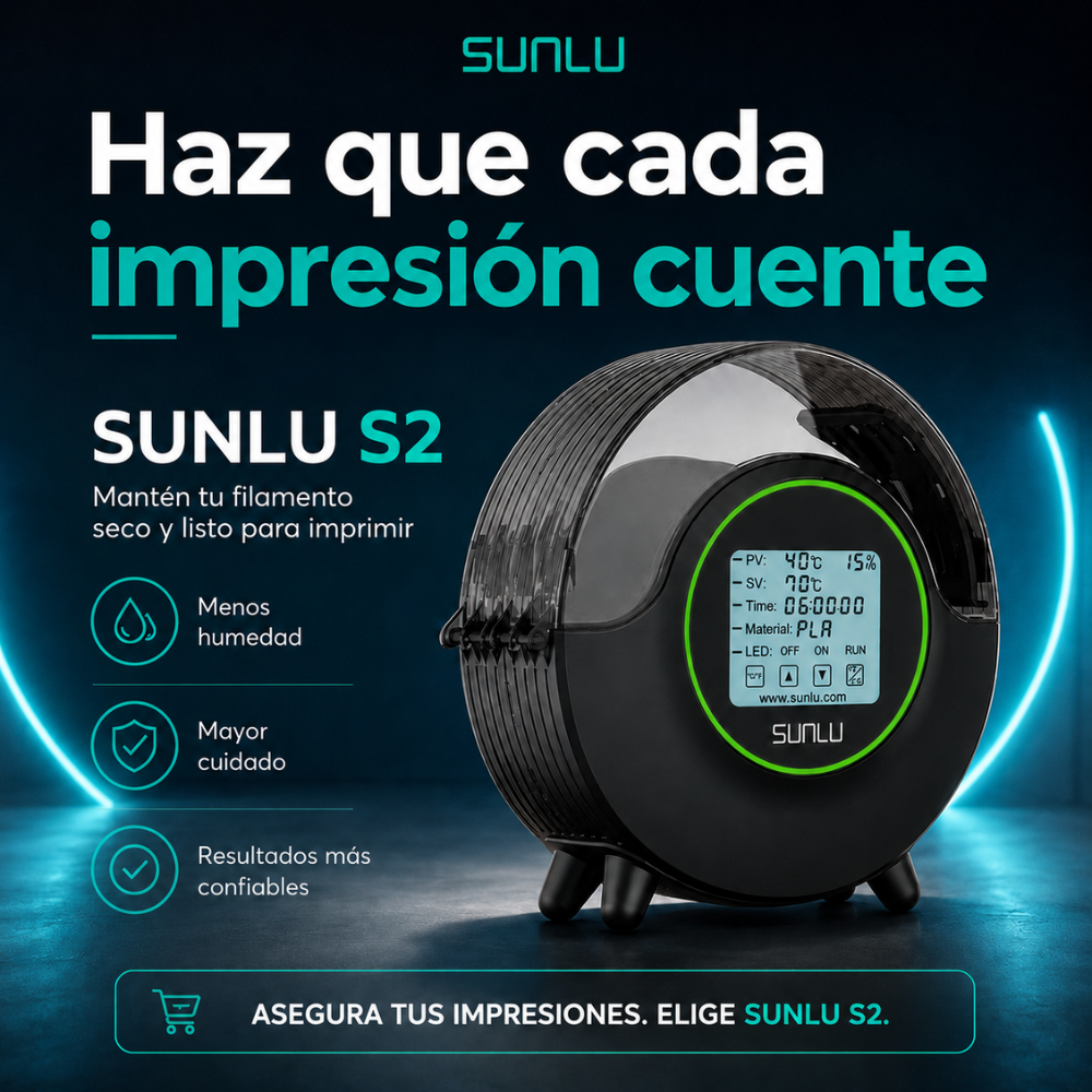 Secador de filamentos SUNLU S2 de Smartec Store, diseñado para reducir humedad, cuidar el filamento y lograr impresiones 3D más confiables