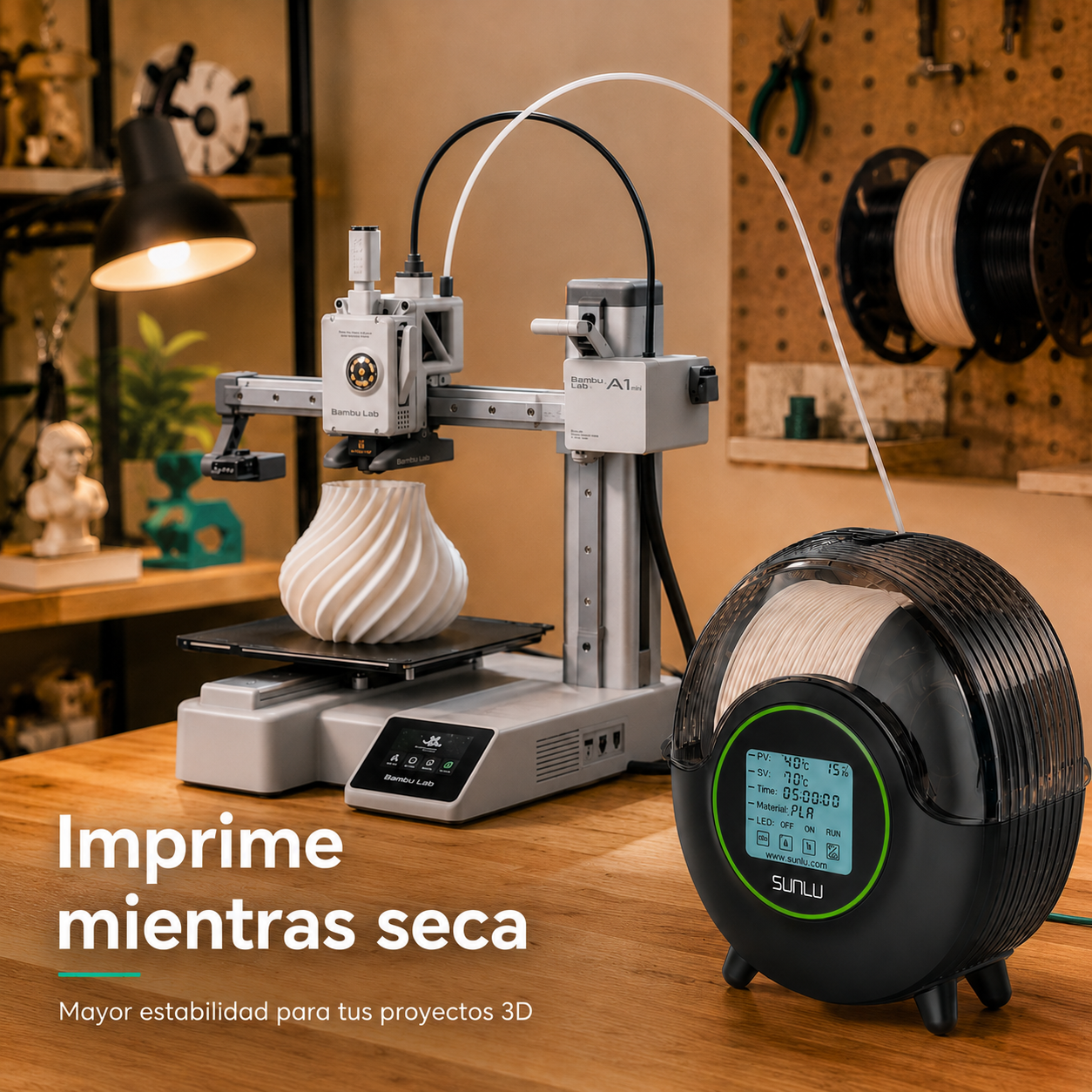 Impresora Bambu Lab utilizando un secador de filamentos SUNLU S2 durante la impresión 3D para mantener el material seco y mejorar la calidad de impresión