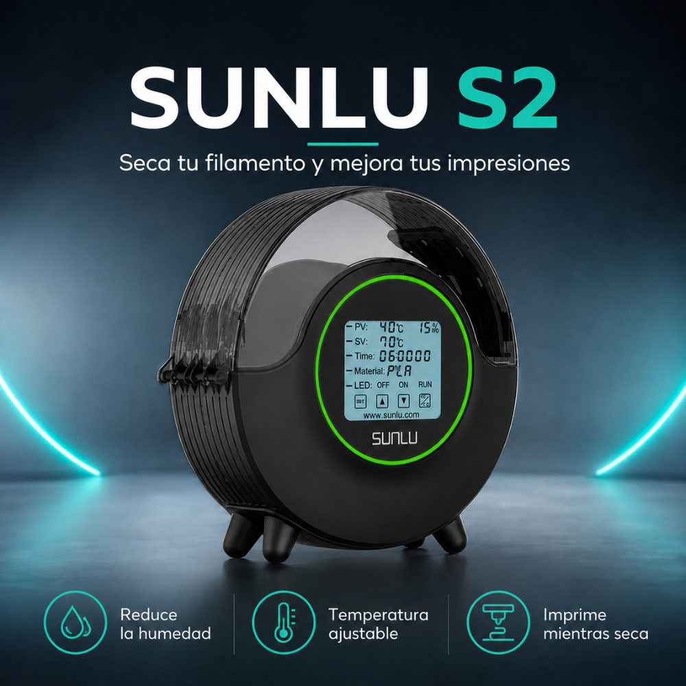 Secador de filamentos SUNLU S2 con pantalla digital y temperatura ajustable, diseñado para eliminar humedad y mejorar la calidad de impresión 3D