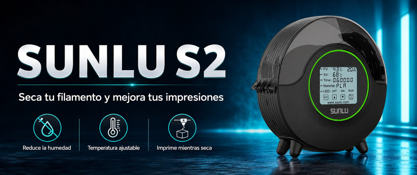Secador de filamentos SUNLU S2 con pantalla digital y temperatura ajustable, diseñado para eliminar humedad y mejorar la calidad de impresión 3D