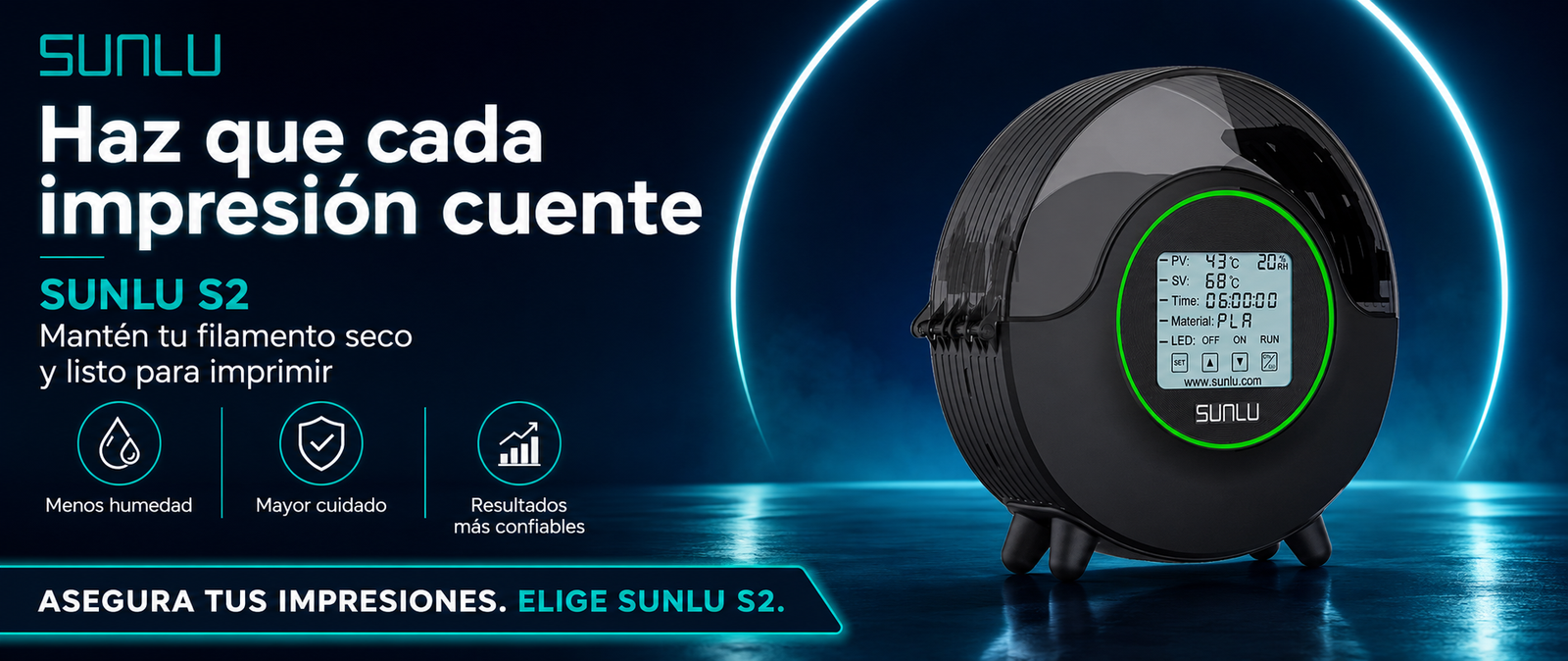 Secador de filamentos SUNLU S2 de Smartec Store, diseñado para reducir humedad, cuidar el filamento y lograr impresiones 3D más confiables