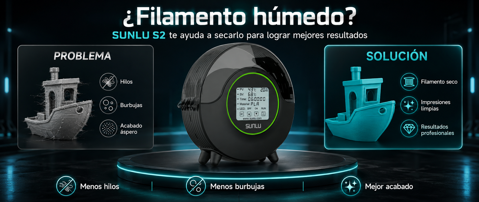 Comparación entre filamento húmedo y filamento seco usando el secador SUNLU S2 de Smartec Store, mostrando menos hilos, menos burbujas y mejor acabado