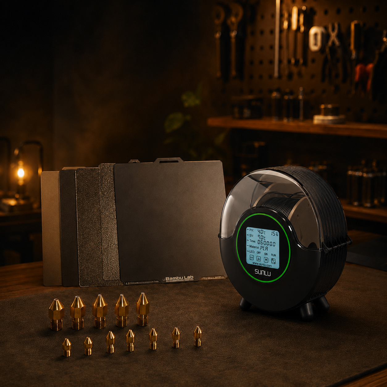 Espacio de trabajo de Smartec Store con secador SUNLU S2, boquillas y accesorios para impresión 3D en Ecuador