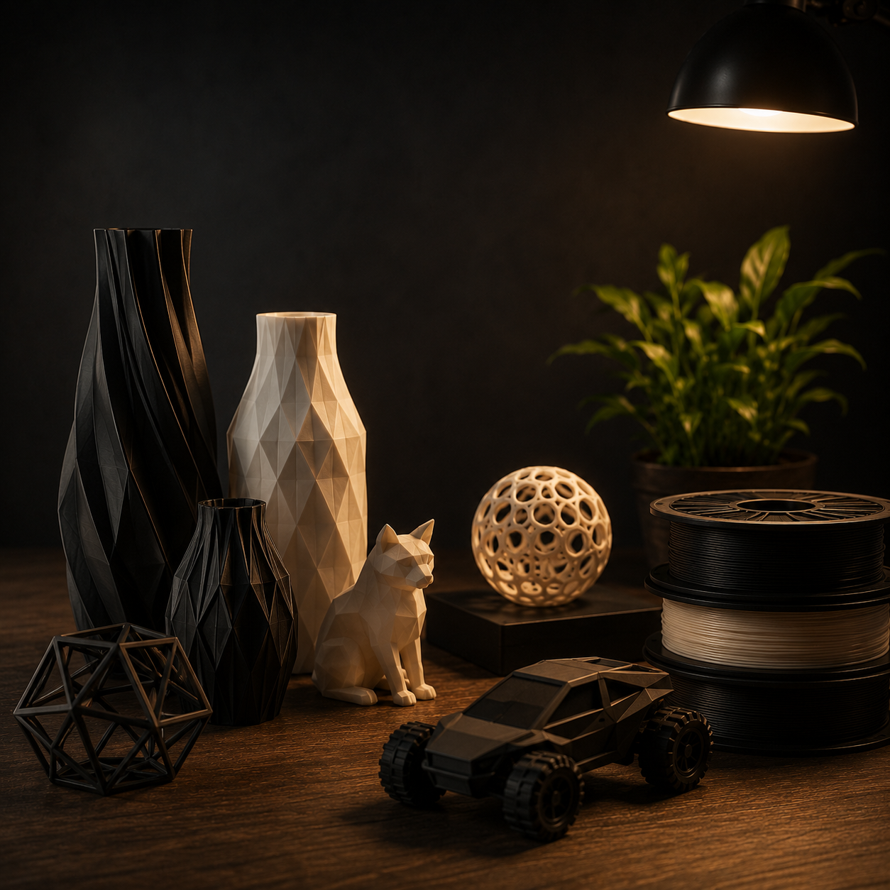 Piezas decorativas impresas en 3D con filamentos de Smartec Store, incluyendo jarrones, figuras y modelos funcionales