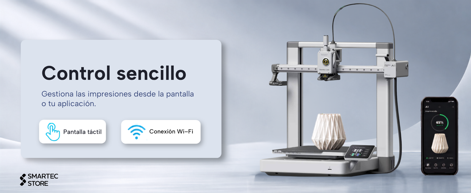 Bambu Lab A1 gestionada desde su pantalla táctil y la aplicación Bambu Handy