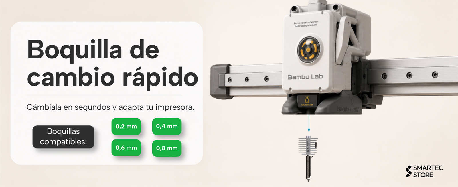 Extrusor de la Bambu Lab A1 con boquillas intercambiables de 0,2 a 0,8 mm