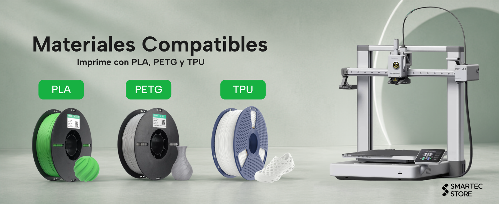 Rollos de filamento PLA, PETG y TPU compatibles con la impresora Bambu Lab A1
