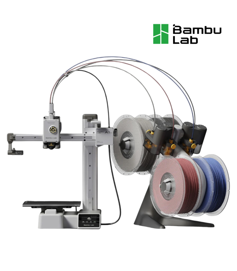Impresora 3D Bambu Lab A1 mini Combo con sistema AMS Lite y cuatro bobinas de filamento para impresión multicolor.