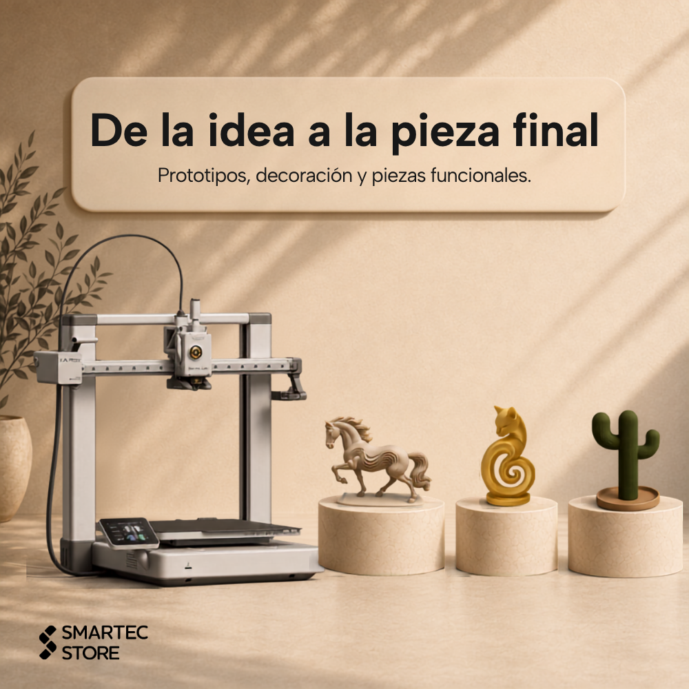 Bambu Lab A1 junto a prototipos y piezas decorativas impresas en 3D